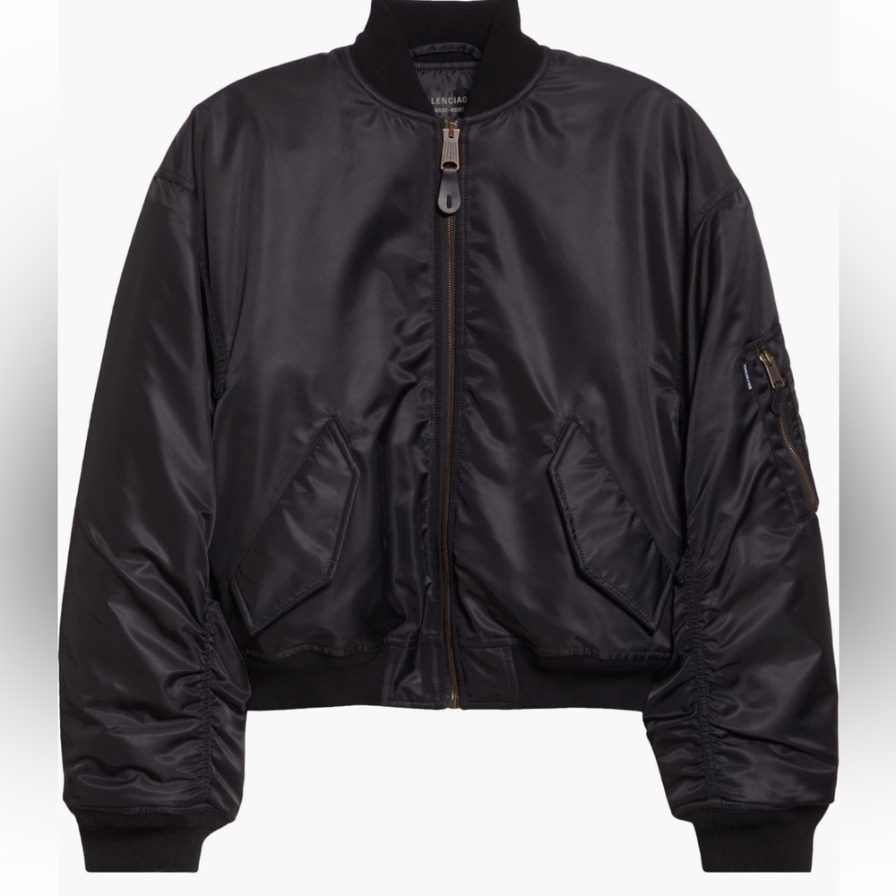 Balenciaga
Ruched Sleeve Satin Bomber Jacket
Black size women’s medium- NWT